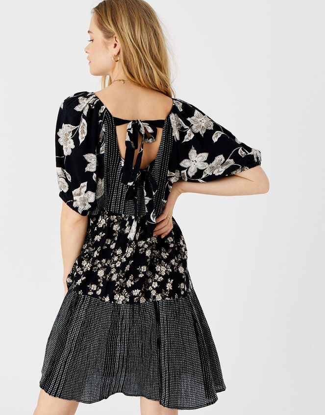 Check and Floral Puff Sleeve Dress, Black (BLACK), large