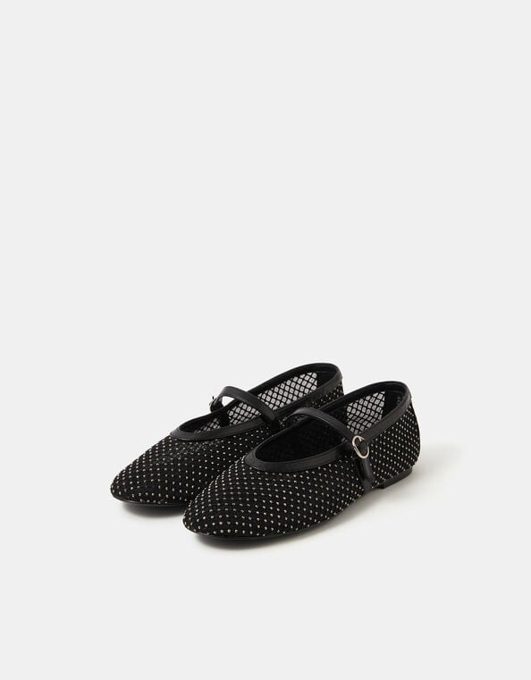 Rhinestone Mesh Mary Jane Ballet Flats, Black (BLACK), large