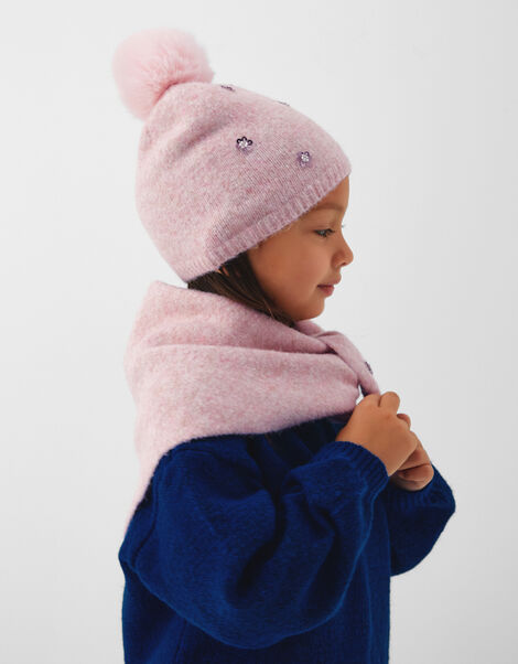 Girls Floral Sequin Bobble Hat, Pink (PINK), large