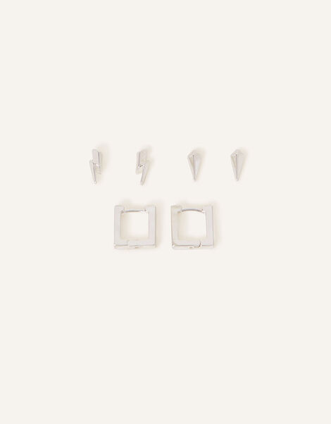 Sterling Silver-Plated Lightning Bolt Earrings Set of Three, , large