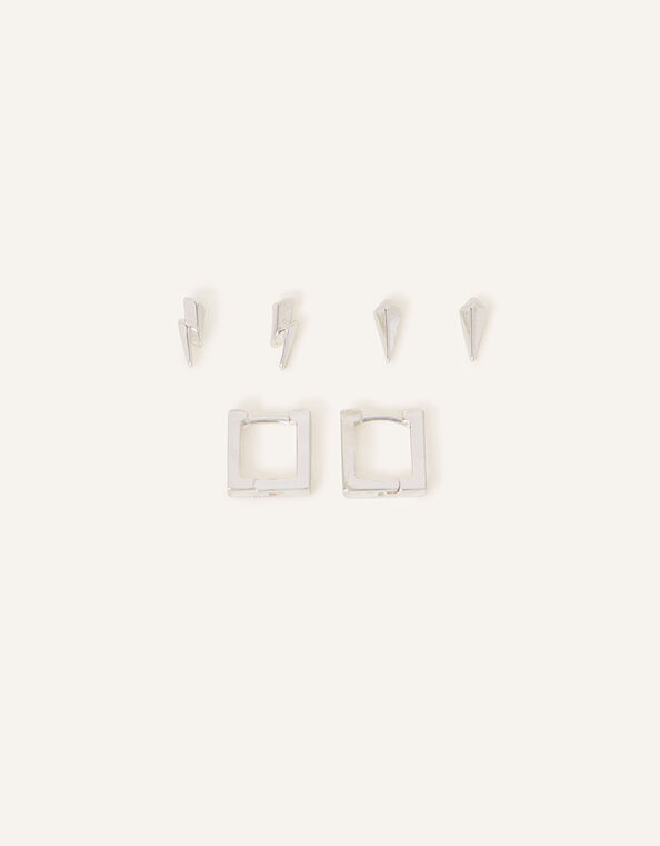 Sterling Silver-Plated Lightning Bolt Earrings Set of Three, , large