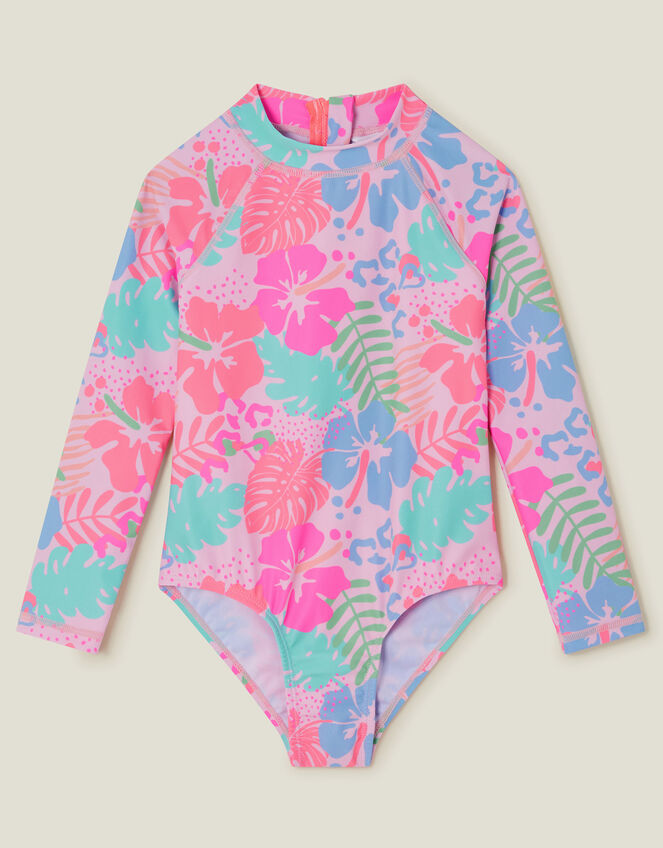 Girls UPF 50+ Tropical Long Sleeve Swimsuit, Orange (CORAL), large