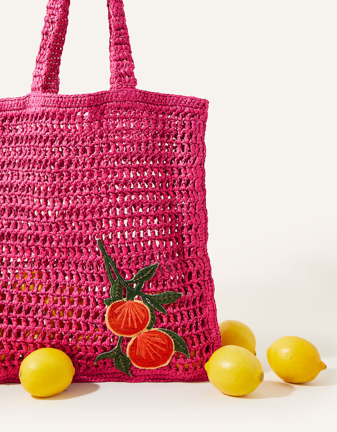 Raffia Crochet Beach Shopper Bag, Pink (PINK), large