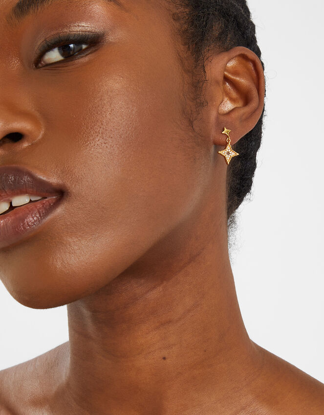 14ct Gold-Plated Diamante Star Drop Earrings, , large