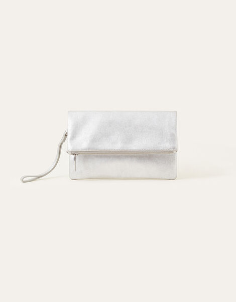 Leather Metallic Clutch, Silver (SILVER), large