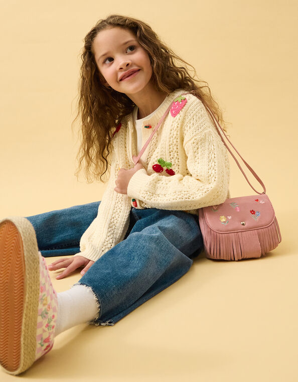 Girls Floral Embroidered Fringe Crossbody Bag, , large