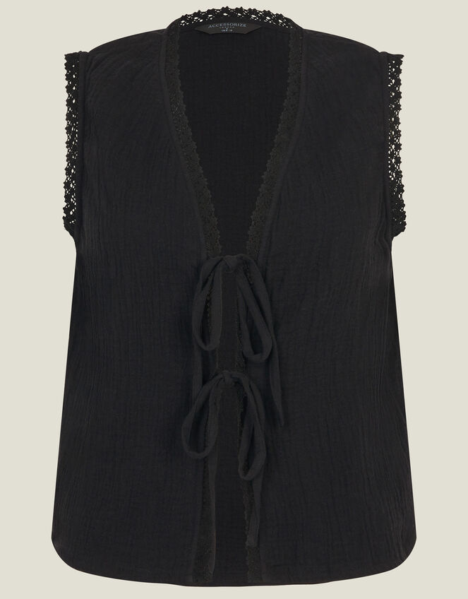 Tie-Front Crinkle Waistcoat, Black (BLACK), large