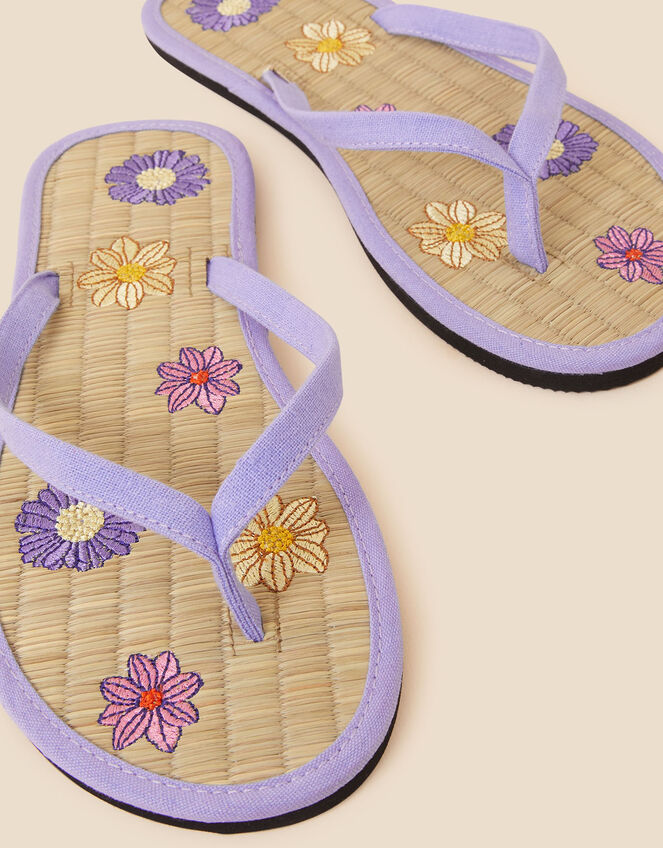 Flower Embroidered Seagrass Flip Flops, Blue (BLUE), large