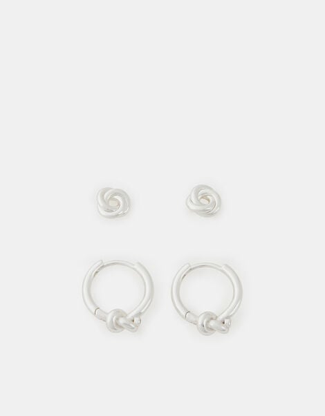 2-Pack Sterling Silver-Plated Knot Hoop Earrings, , large