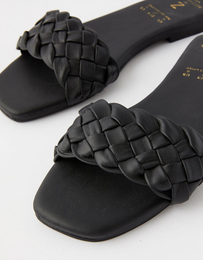Plaited Strap Leather Sliders, Black (BLACK), large