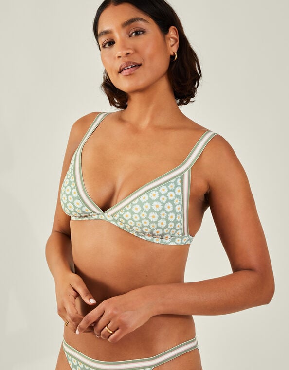Daisy Print Triangle Bikini Top, Green (LIGHT GREEN), large