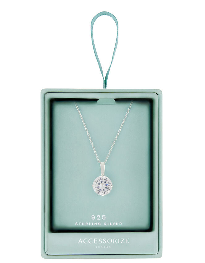 Sterling Silver Round Cut Solitaire Necklace, , large