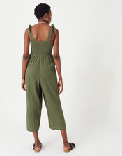 Seersucker Tie Shoulder Jumpsuit, Green (KHAKI), large