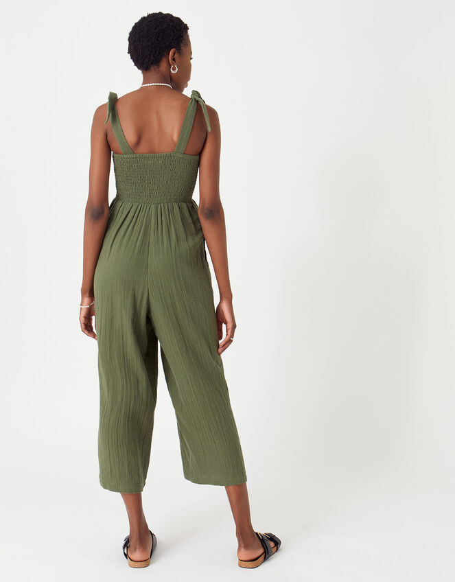 Seersucker Tie Shoulder Jumpsuit, Green (KHAKI), large
