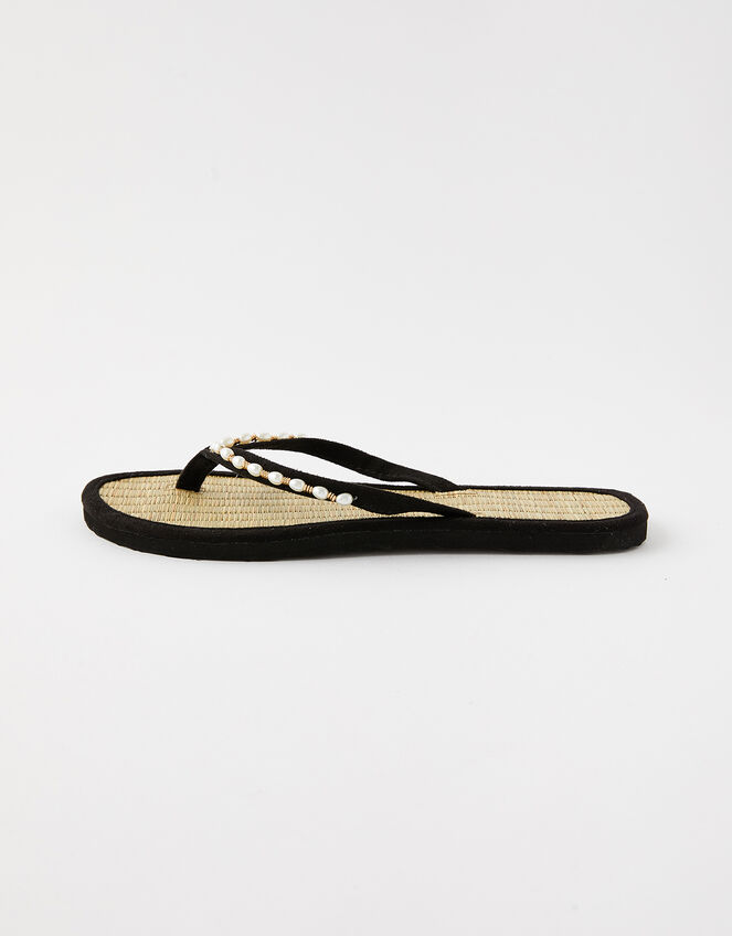 Pearl Beaded Seagrass Flip Flops , Black (BLACK), large