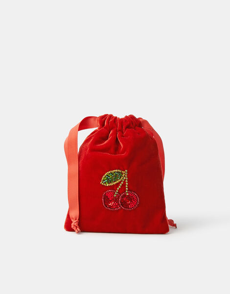 Cherry Velvet Drawstring Bag, , large