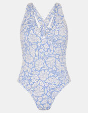 Floral Print Cross-Back Plunge Swimsuit, Blue (BLUE), large