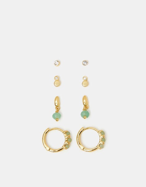 4-Pack 14ct Gold-Plated Aventurine Stone Stud & Hoop Earrings, , large