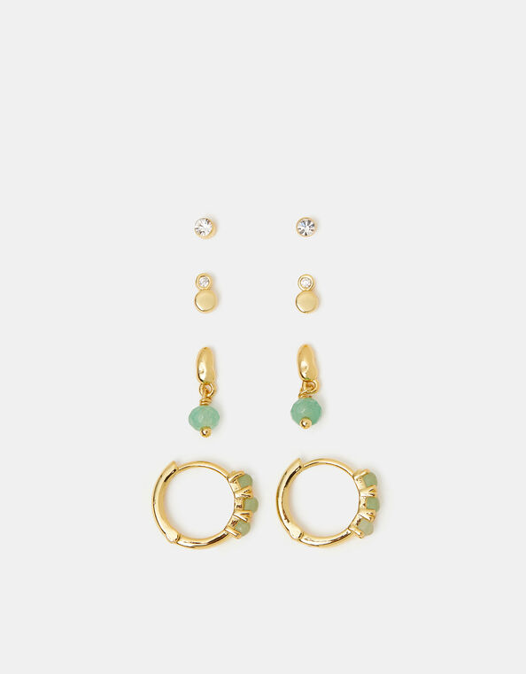 4-Pack 14ct Gold-Plated Aventurine Stone Stud & Hoop Earrings, , large
