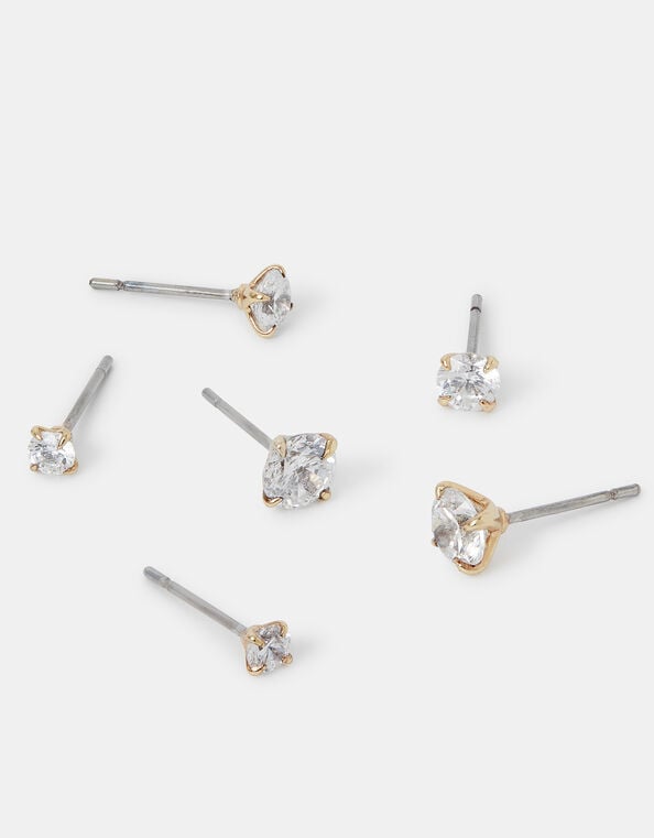 3-Pack 14ct Gold-Plated Crystal Stud Earrings, , large