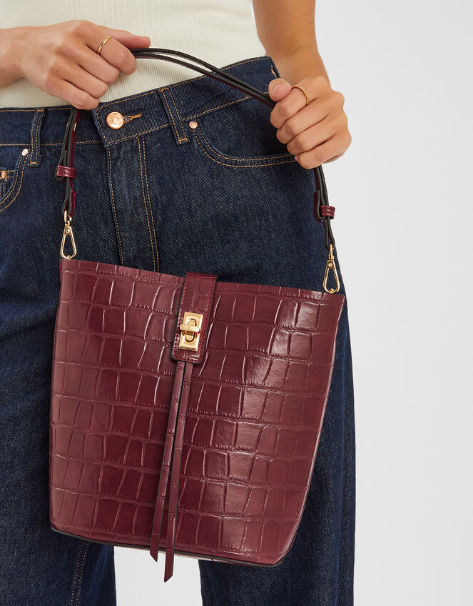 Faux Croc Bucket Bag, , large