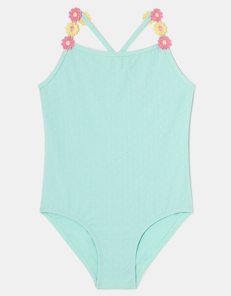 Girls Flower Strap Swimsuit , Blue (BLUE), large