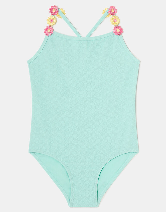 Girls Flower Strap Swimsuit , Blue (BLUE), large