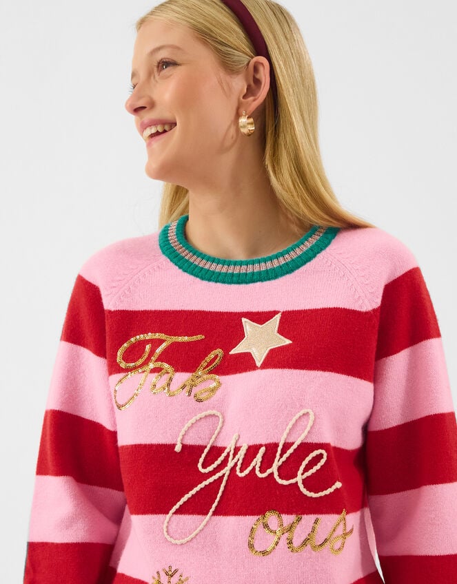 Slogan Stripe Christmas Jumper, Pink (PINK), large