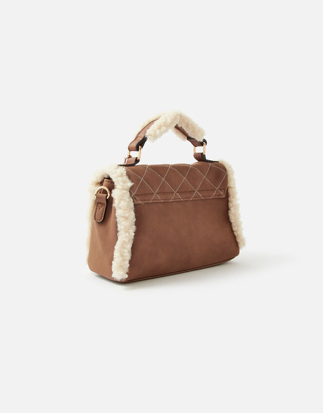Faux Shearling Top Handle Bag, , large
