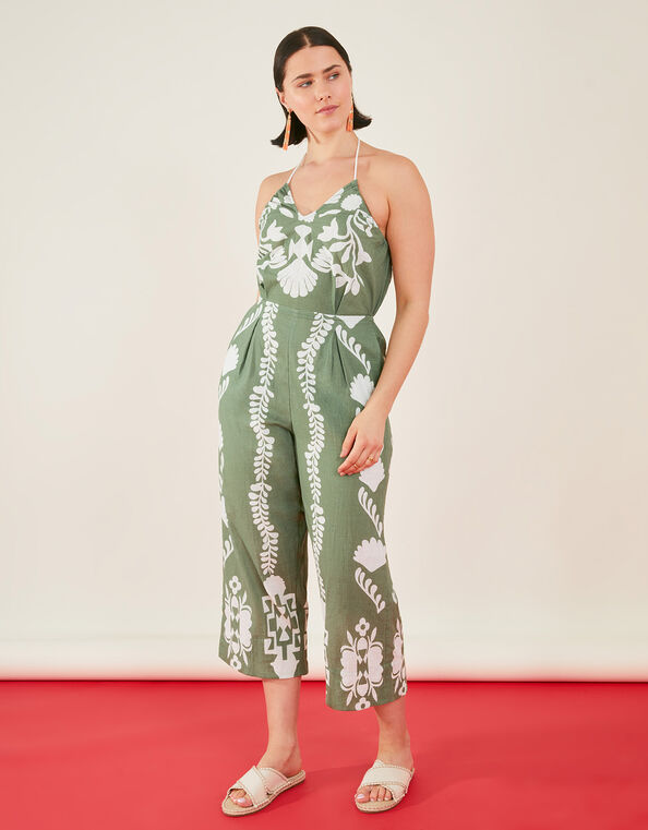 Ornamental Print Halter Jumpsuit, Green (KHAKI), large