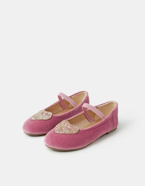 Girls Heart Velvet Ballet Flats, Pink (PINK), large