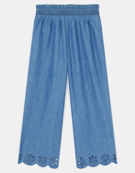 Girls Broderie Chambray Trousers, Blue (BLUE), large