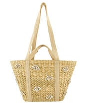 Shell and Diamante Straw Beach Bag, , large