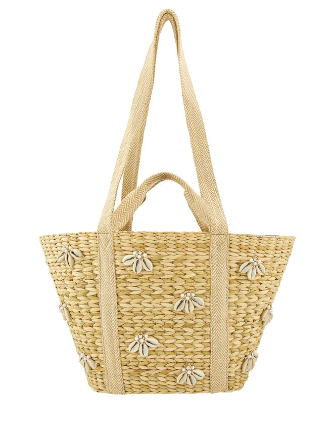 Shell and Diamante Straw Beach Bag, , large