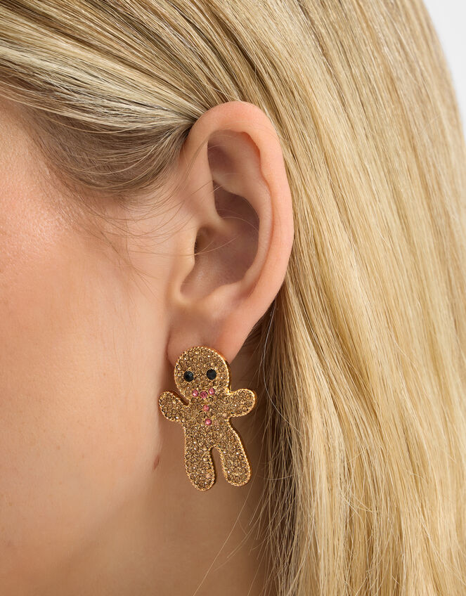 Diamanté Gingerbread Man Stud Earrings, , large