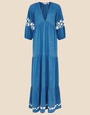 Maxi Floral Embroidered Dress, Blue (BLUE), large