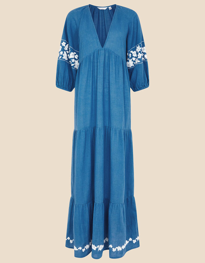 Maxi Floral Embroidered Dress, Blue (BLUE), large