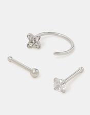 3-Pack Platinum-Plated Surgical Steel Flower Nose Studs, , large