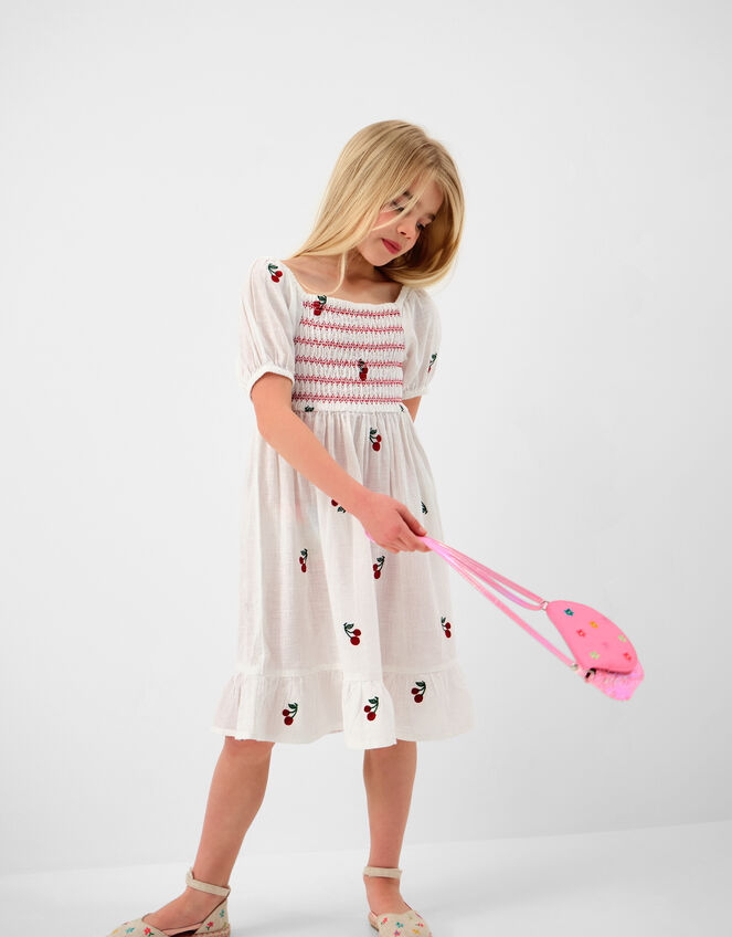 Girls Cherry Embroidered Cotton Dress, White (WHITE), large