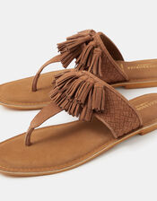 Fringe Strap Suede Sandals, Tan (TAN), large