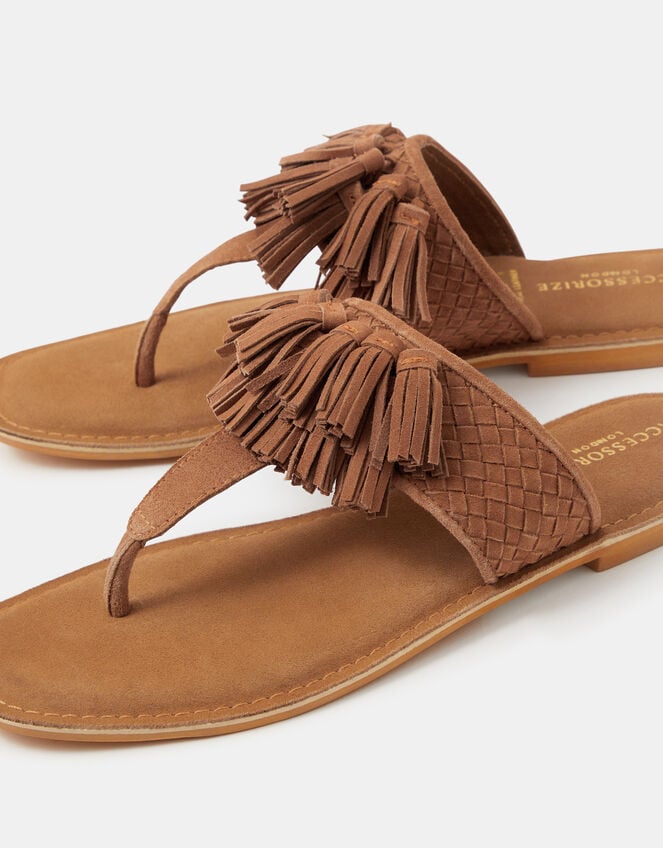 Fringe Strap Suede Sandals, Tan (TAN), large