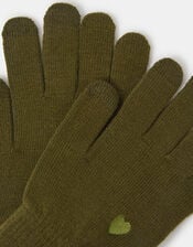 Heart Embroidered Touchscreen Gloves, Green (OLIVE), large