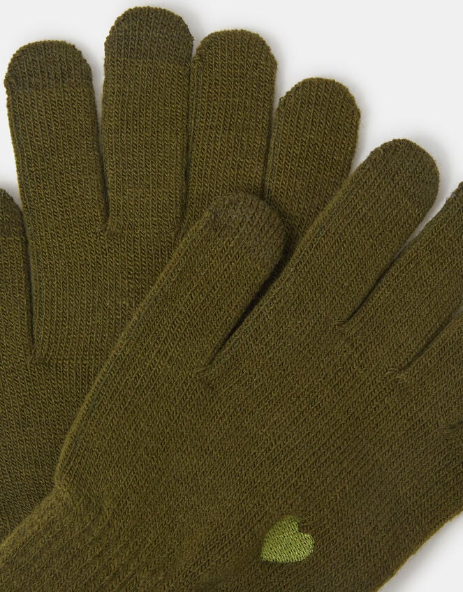 Heart Embroidered Touchscreen Gloves, Green (OLIVE), large