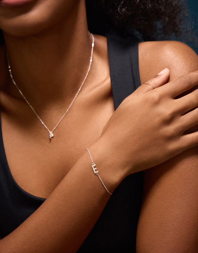 Sterling Silver Sparkle Initial Bracelet, Silver (ST SILVER), large