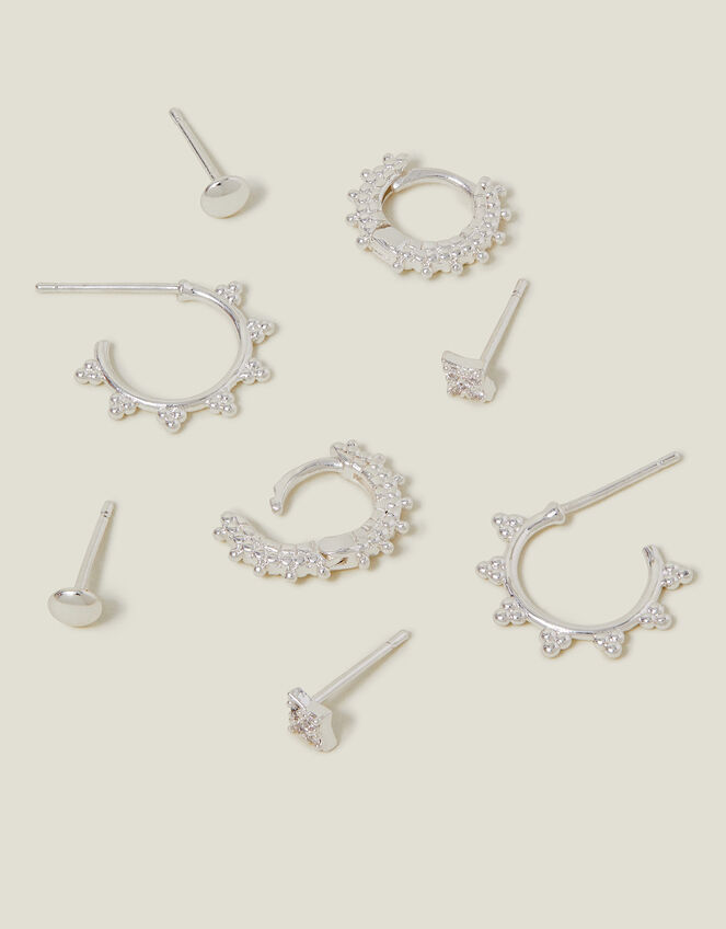 4-Pack Sterling Silver-Plated Stud and Bobble Hoop Earrings, , large