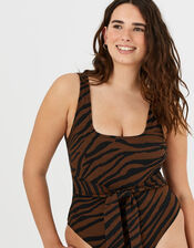 Tiger Print Tie Front Swimsuit, Orange (RUST), large