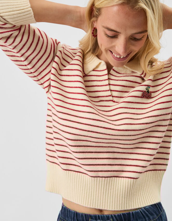 Cherry Stripe Polo Neck Jumper, Cream (CREAM), large
