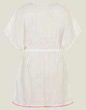 Girls Floral Embroidered Kaftan Dress, White (WHITE), large