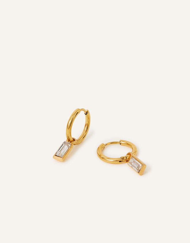 Stainless Steel Baguette Crystal Drop Hoops, , large