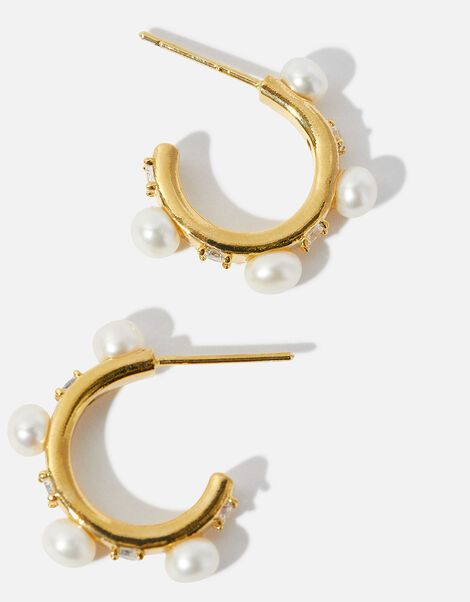Gold-Plated Pearl Station Hoop Earrings, , large